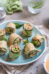 Cucumber roll with tuna, avocado and mayo chili sauce