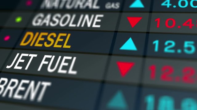 Fuel prices of diesel, gasoline commodities on stock exchange market screen. 4K UHD video animation loop.