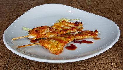 Grilled chicken skewer with teriyaki sauce. Asian traditional food: Yakitori