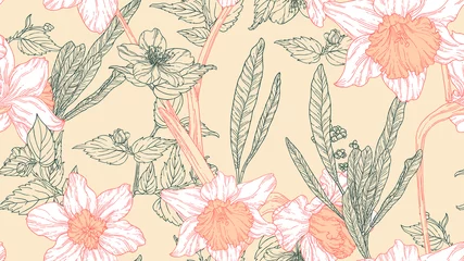 Poster Floral seamless pattern, daffodil flowers with leaves in white and light orange line art ink drawing on light brown © momosama