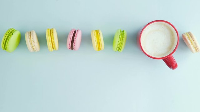 Sweet color macaroons or macaron on pastel blue background