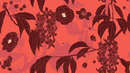 Gordijnen Floral seamless pattern, hyacinth and camellia flowers with leaves in light red line art ink drawing on bright red © momosama