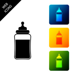 Baby bottle icon isolated on white background. Feeding bottle icon. Milk bottle sign. Set icons colorful square buttons. Vector Illustration