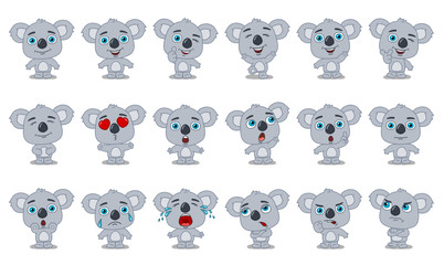 Big set of funny koala bear in cartoon style in different standing poses and emotions isolated on white background - 289977489