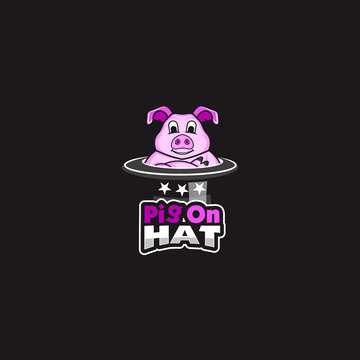 Pig on hat logo design illustration. Pig character