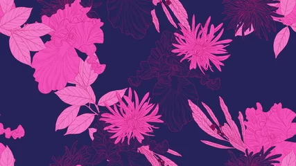 Muurstickers Floral seamless pattern, daffodil, iris and chrysanthemum morifolium flowers with leaves in pink line art ink drawing on dark purple © momosama