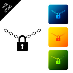 Metal chain and lock icon isolated on white background. Padlock and steel chain. Set icons colorful square buttons. Vector Illustration