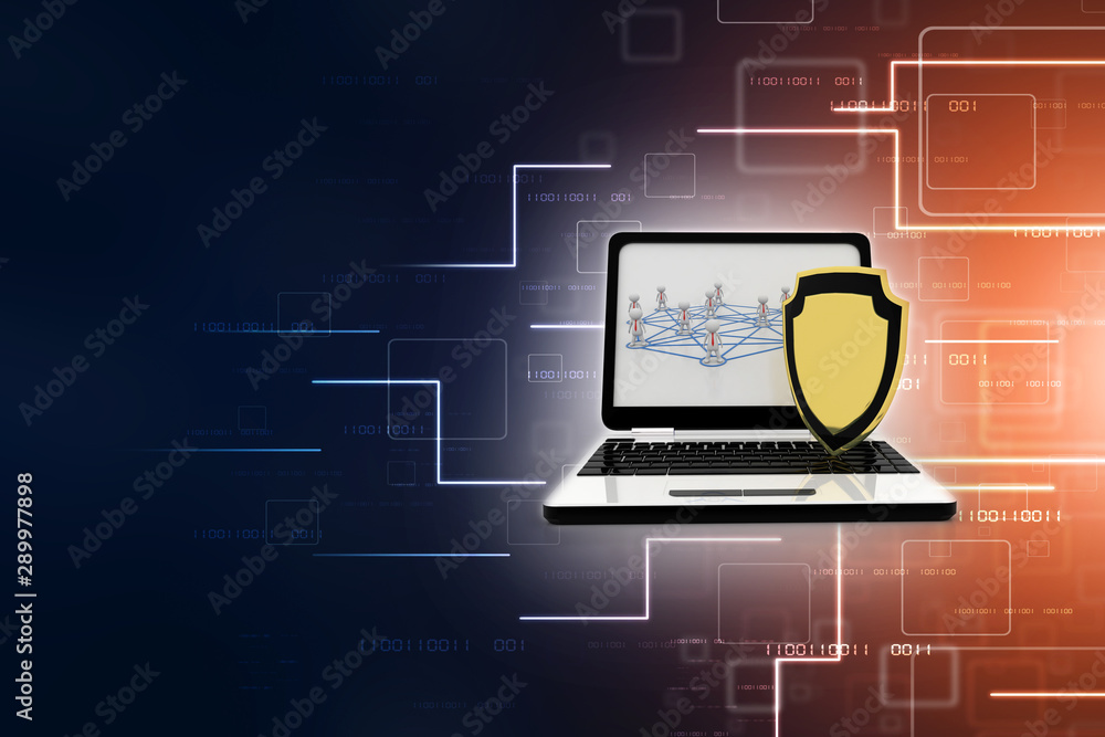 Poster 3d rendering laptop with shield