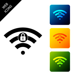Wifi locked sign icon isolated on white background. Password Wi-fi symbol. Wireless Network icon. Wifi zone. Set icons colorful square buttons. Vector Illustration