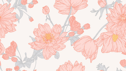 Floral seamless pattern, anemone and sakura flowers with leaves in light red line art ink drawing on light grey © momosama