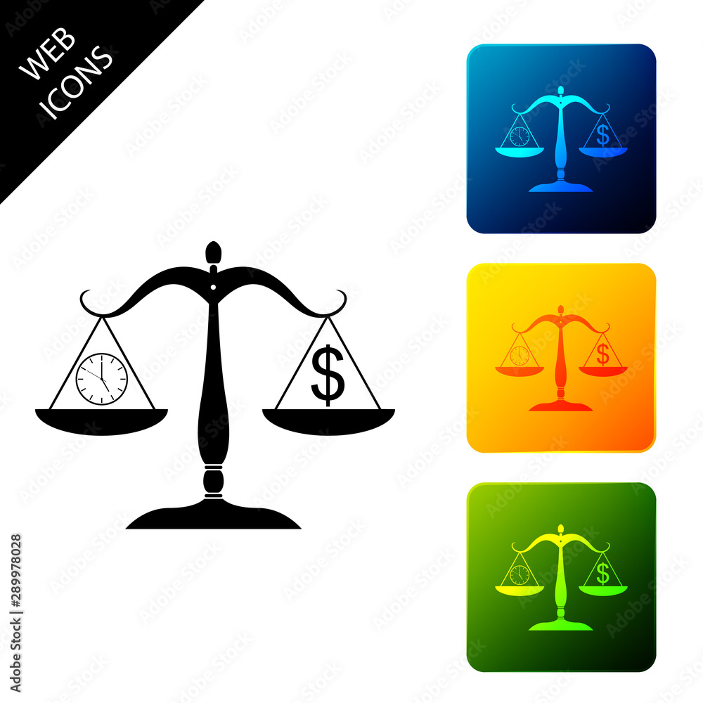 Poster scale weighing money and time icon on white background. scales with hours and a coin. balance betwee