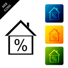 House with discount tag icon on white background. House percentage sign price. Real estate home. Credit percentage symbol. Money loan symbol.Set icons colorful square buttons. Vector Illustration