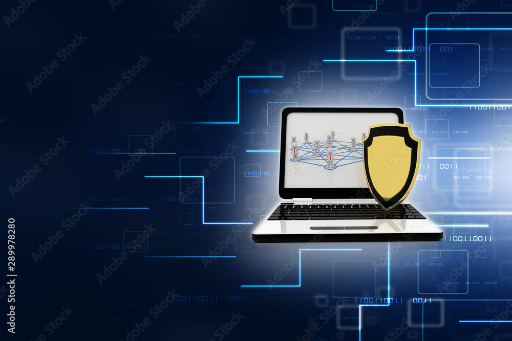 Poster 3d rendering laptop with shield