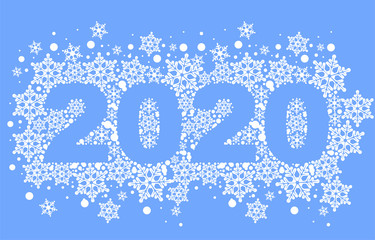 2020 template greeting card background of snowflakes. Number text of symbol year 2020 calendar