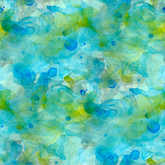 Seamless pattern abstract background blue, green,yellow blot smoke, waves, water. Hand drawn watercolor.