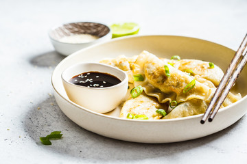 Fried Korean dumplings with green onion and sauce on white plate.