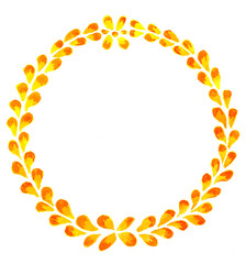 Watercolor drawing of an ornament of yellow leaves.