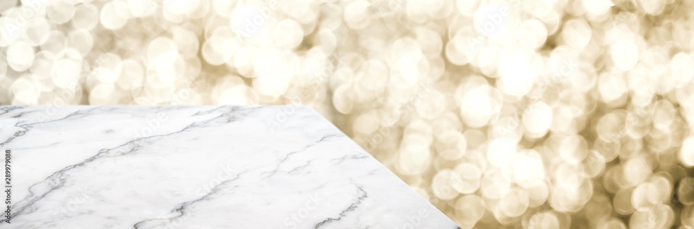 Poster marble table top product display background with blur people shopping in supermarket.left perspectiv
