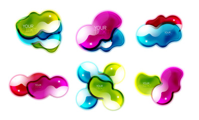 Set of abstract glossy shiny shapes. Liquid glass splash designs with sample text. Promotion web boxes, clean futuristic techno frames