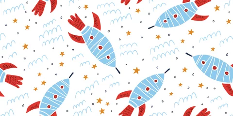 Keuken foto achterwand Kosmos Kinderachtig naadloos patroon met handgetekende raketten