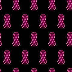 Neon pink ribbon seamless pattern. Breast cancer awareness concept. Bright glowing icons on black background. Vector 10 EPS illustration.