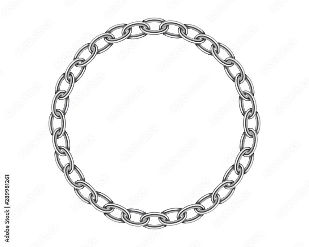 Poster realistic metal circle frame chain texture. silver color round chains link isolated on white backgro
