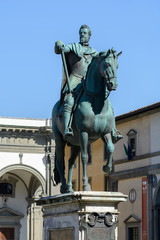 Obraz premium The equestrian statue of Ferdinand I Medici is paired with the statue of Cosimo I. The sculpture of the Grand Tuscan Duke in full dress,with weapons and orders. One of the main attractions of Florence