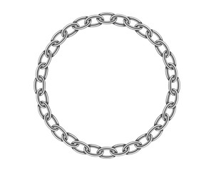 Realistic metal circle frame chain texture. Silver color round chains link isolated on white background. Strong iron chainlet solid three dimensional design element.