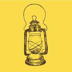 Vintage sketch kerosene lamp or lantern vector illustration. Ink hand drawn retro kerosene lamp on yellow background.