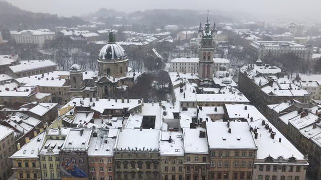 Aerial view of Lviv in Ukraine under snow in winter