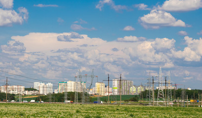 Fototapeta na wymiar Summer townscape with clouds, Minsk, Belarus.