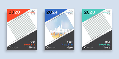 Poster cover book design template in A4 layout with space for photo background, 3 Color ways included, Use for annual report, proposal, portfolio, brochure, flyer, leaflet, catalog, magazine, booklet.