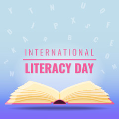 International Literacy Day Background poster with open book and flying letters. Vector illustration.