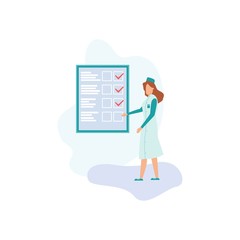 Female Doctor and Big Paper Sheet with Filled Form. Flat Cartoon Medical Records Document or Card with Patient Data, Information, Diagnosis Analyze, Investigation, Medical Research Vector Illustration