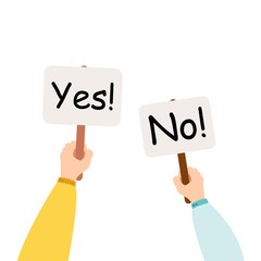 Cartoon vector illustration of Yes No banner in human hand on white background. Test question. Choice hesitate, dispute, opposition, choice, dilemma, opponent view.
