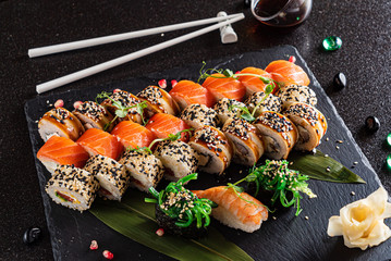 sushi on the black background