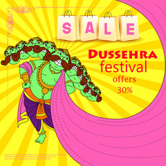 Happy Dussehra festival celebration background with funny face of Demon Ravana with his ten heads on ornament wooden effect background.can be used greeting cards design.