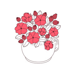  Flowers in a cup. Rosehip bouquet. Flowers and berries are pink. Leaves are white. The cup is white. The contour of flowers, berries, a cup and leaves is dark pink. Vector illustration.