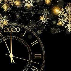 Happy New Year or Xmas greeting card with gold clock. 2020 Vector