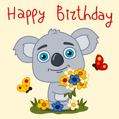 Birthday card - funny koala bear with a beautiful bouquet of flowers and text