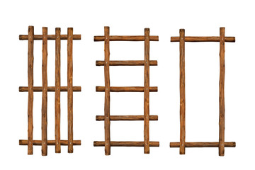 Set of brown timber fence or decorative wooden fence isolated on white background. Object with clipping path