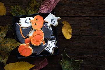 Funny delicious Halloween cookies on the table. horizontal top view