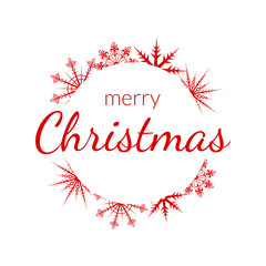 Merry Christmas text with snowflake wreath decoration. Xmas greeting card or banner template. Vector illustration.
