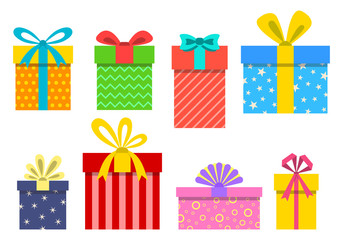 Gift box set. Present boxes icons for Christmas or Birthday with ribbon and bow. Vector illustration.
