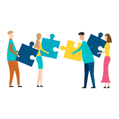 Obraz premium People connecting puzzle elements. isolated on white background. Vector illustration.