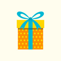 Gift box icon with ribbon and bow. Present package for Christmas or Birthday celebration. Design element for surprise, party, greeting card.  Vector illustration.
