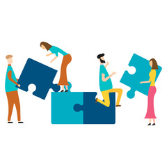 People connecting puzzle elements. isolated on white background. Vector illustration.