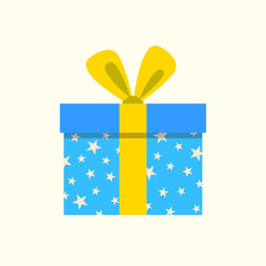 Gift box icon with ribbon and bow. Present package for Christmas or Birthday celebration. Design element for surprise, party, greeting card.  Vector illustration.