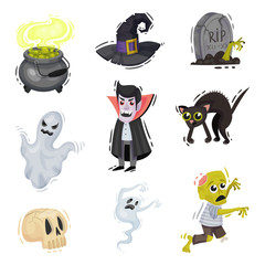 Set of halloween character objects. Vector illustration on a white background.