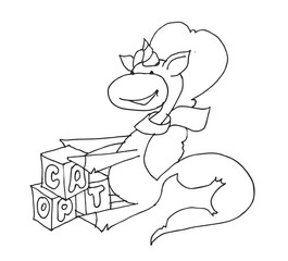 Coloring book for kids - unicorn collects cubes in a beautiful scarf. Black and white cute cartoon unicorns. Vector illustration.	